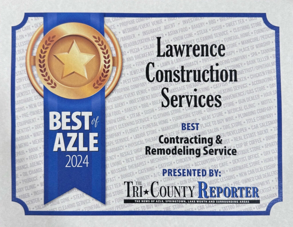 Award certificate for Lawrence Construction Services, named "Best Contracting & Remodeling Service" for 2024. Presented by the Tri-County Reporter. Blue and gold design with star emblem.