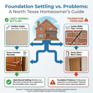 Infographic highlights foundation problems by comparing normal settling—hairline cracks, functioning doors—with problematic signs like wide cracks and sticking doors. A central house illustration splits the two scenarios for easy comparison.
