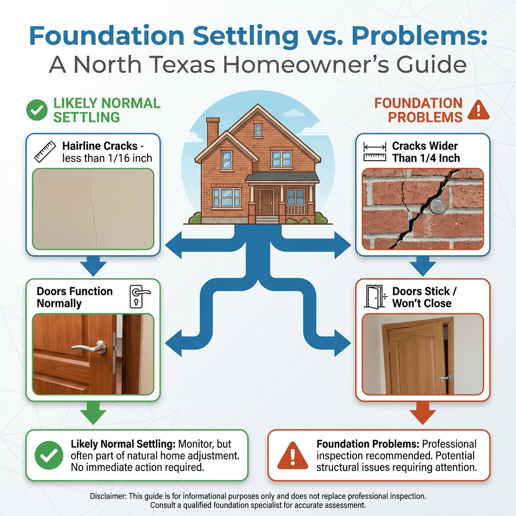 Infographic highlights foundation problems by comparing normal settling—hairline cracks, functioning doors—with problematic signs like wide cracks and sticking doors. A central house illustration splits the two scenarios for easy comparison.