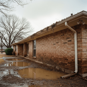 North Texas home foundation problems worsening during winter showing wet clay soil expansion and moisture damage to brick house foundation in Tarrant County