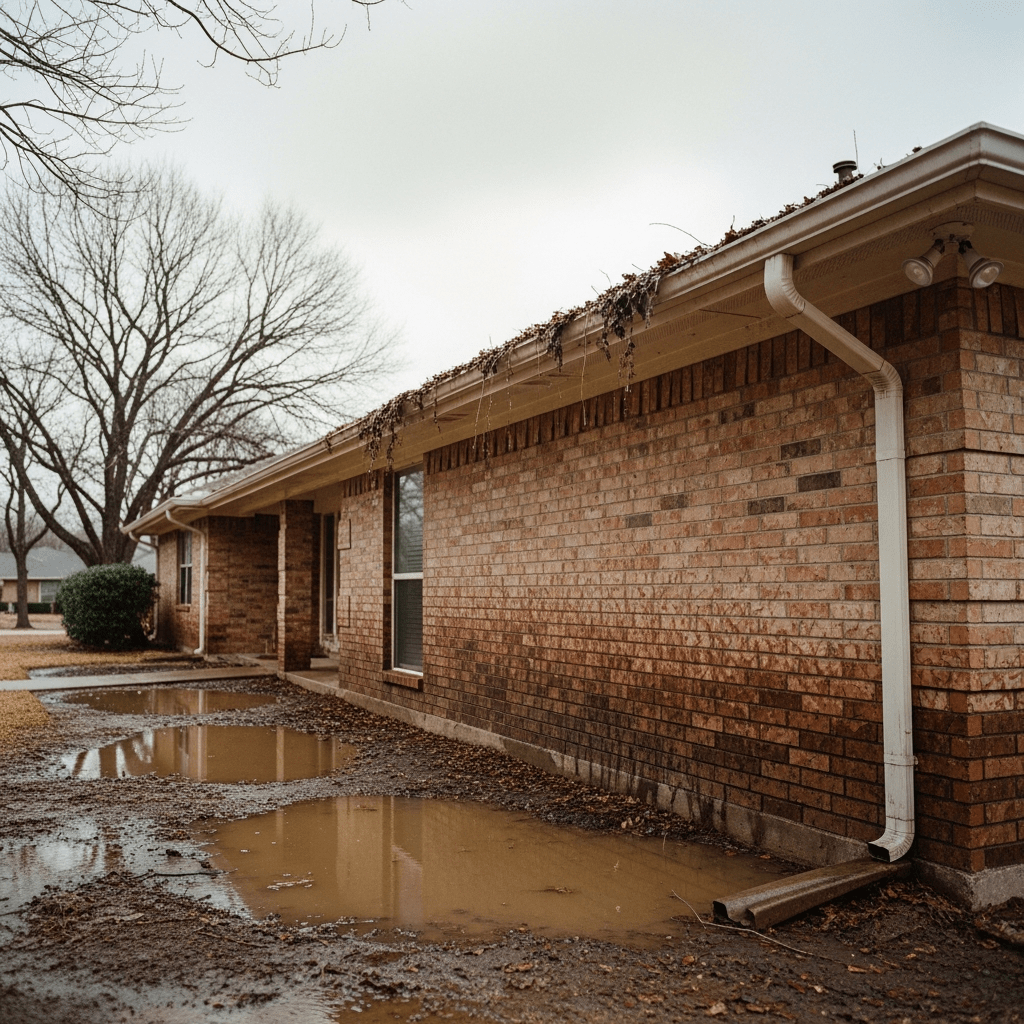 North Texas home foundation problems worsening during winter showing wet clay soil expansion and moisture damage to brick house foundation in Tarrant County