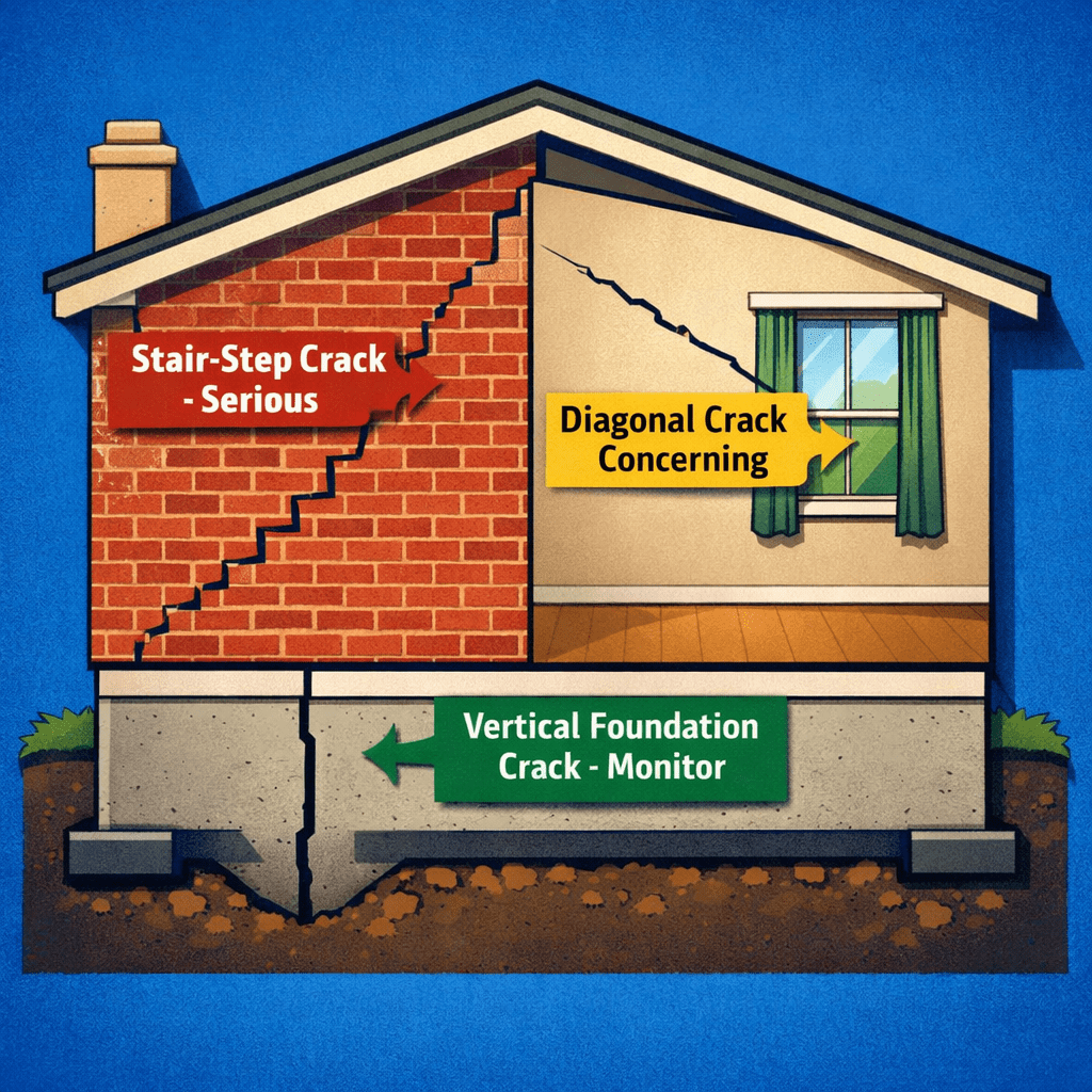 Different types of wall cracks showing foundation problems in North Texas homes including diagonal cracks, stair-step brick cracks, and horizontal ceiling cracks in Tarrant County