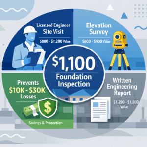 Infographic highlights a $1,100 foundation inspection with a licensed engineer site visit, elevation survey, and report; emphasizes prevention of $10K–$30K losses. Blue background with engineering and construction icons.