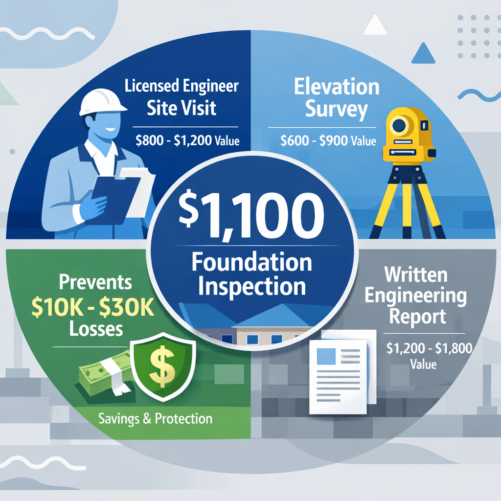 Infographic highlights a $1,100 foundation inspection with a licensed engineer site visit, elevation survey, and report; emphasizes prevention of $10K–$30K losses. Blue background with engineering and construction icons.