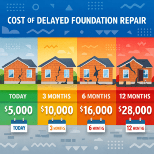 Month-by-month cost progression of foundation problems getting worse showing repair costs increasing from $5,000 today to $28,000 after 12 months of delay in Tarrant Wise Parker County Texas homes