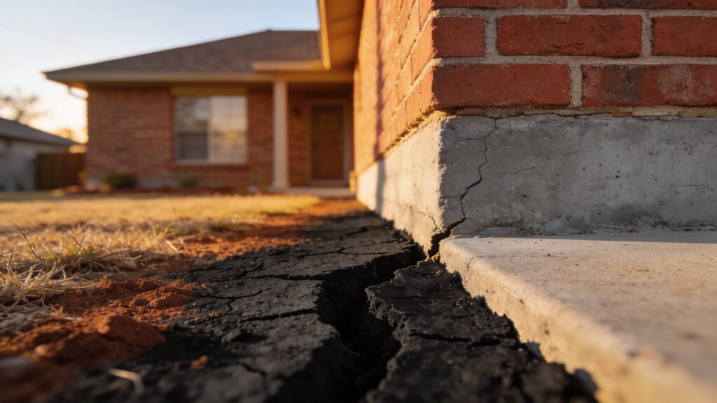 Cracked Texas clay soil pulling away from a residential foundation perimeter in North Texas
