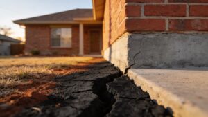 Cracked Texas clay soil pulling away from a residential foundation perimeter in North Texas