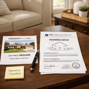 A table displays a property listing flyer, an engineering report, a sticky note labeled "Warranty Transfers," and part of a couch and plant in the background, hinting at questions like does foundation repair increase home value in Texas.
