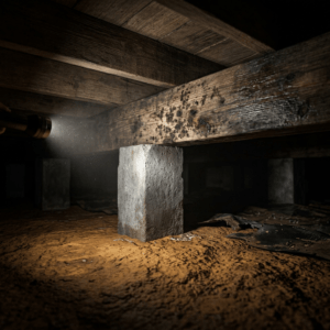 Crawl space moisture beneath North Texas pier and beam home showing moisture damage and dark spotting on wooden floor joists above clay soil