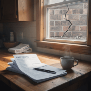 A stack of insurance documents and a pen sit on a wooden kitchen table beside a steaming cup of coffee. Outside, a cracked brick wall hints at possible property damage—raising the question, does homeowners insurance cover foundation repair in Texas?.