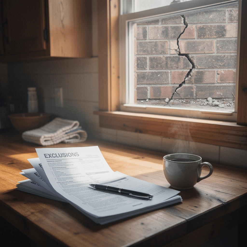 A stack of insurance documents and a pen sit on a wooden kitchen table beside a steaming cup of coffee. Outside, a cracked brick wall hints at possible property damage—raising the question, does homeowners insurance cover foundation repair in Texas?.