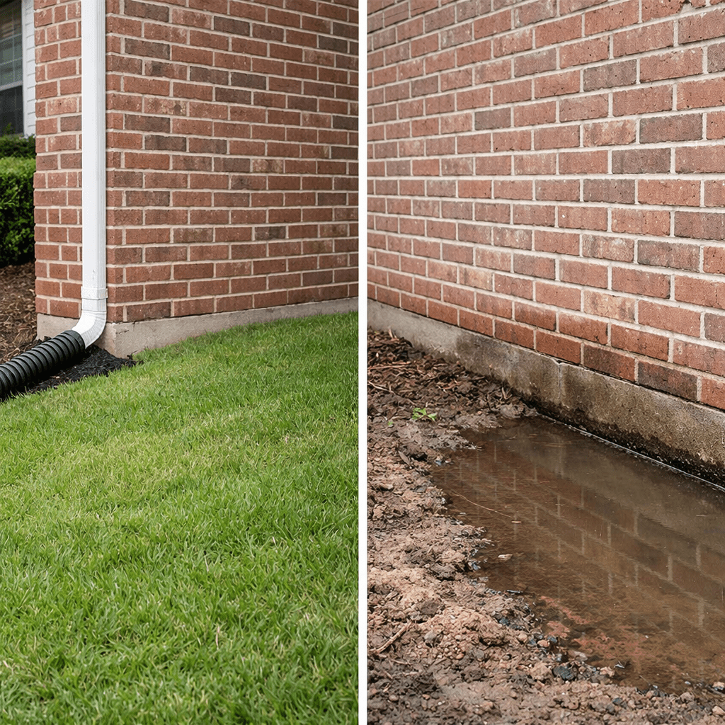 Side-by-side comparison of proper foundation drainage versus pooling water against a North Texas brick home foundation perimeter after rain