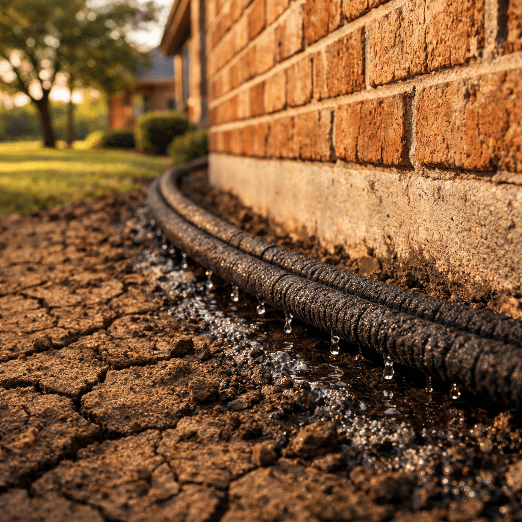 Close-up of a soaker hose watering dry, cracked soil along the foundation of a brick house—a smart foundation maintenance step—with water droplets visibly soaking into the earth on a sunny day.