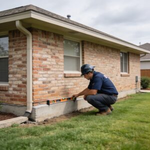 A construction worker in a hard hat checks the foundation level of a brick house using a spirit level, kneeling on the grass beside the building during a foundation repair.