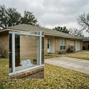 North Texas brick home exterior with subtle foundation crack visible suggesting underlying slab leak damage beneath the concrete foundation