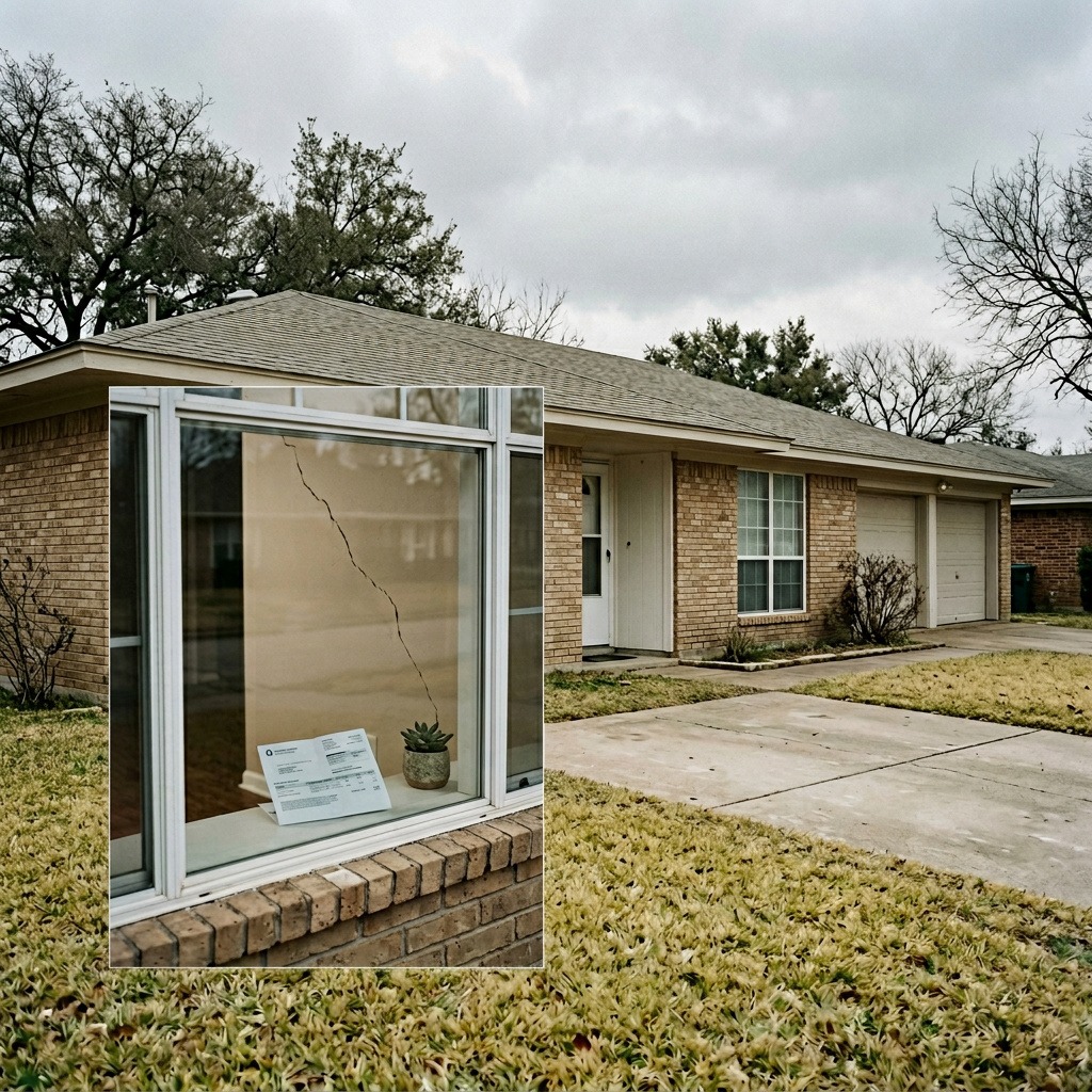North Texas brick home exterior with subtle foundation crack visible suggesting underlying slab leak damage beneath the concrete foundation