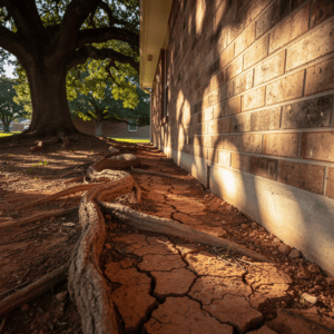 Exposed live oak tree roots extending toward the foundation perimeter of a North Texas brick home with visible clay soil contraction gap