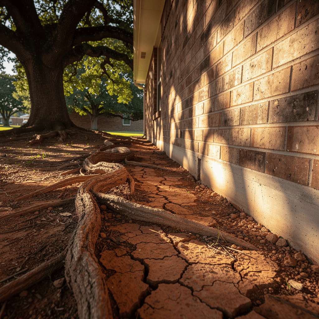 Exposed live oak tree roots extending toward the foundation perimeter of a North Texas brick home with visible clay soil contraction gap