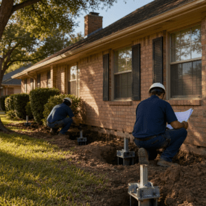 Foundation repair crew working along the perimeter of a North Texas brick home installing steel piers with engineering report visible on site